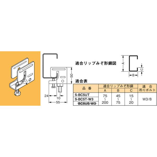 S-BC5UT ネグロス 吊り金具 吊りボルト用支持金具(リップみぞ形鋼用