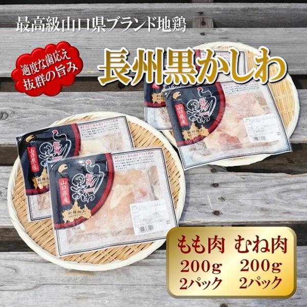 【やまぐちECエール便】長州黒かしわもも肉2袋 むね肉2袋 合計800ｇ お試し 少量セット 小分けパック  深川養鶏 地鶏 山口県 長門市 カット 鶏肉