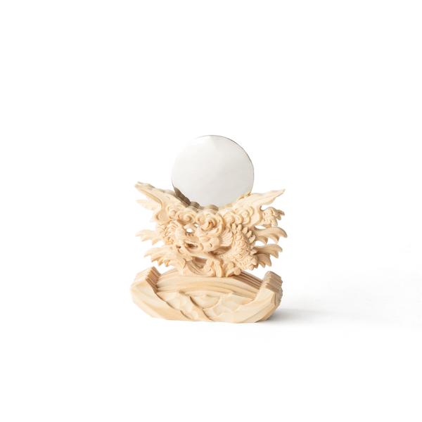 神鏡 極上彫り 竜型台座 2寸 白松製 荘厳 11.5センチ 伝統的 鏡 神鏡台