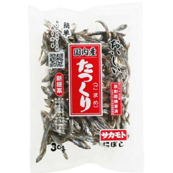 ■名称たつくり（ごまめ）■原材料名かたくちいわし（国産）■内容量30ｇ■賞味期限別途商品ラベルに記載■保存方法直射日光を避け、常温で保存してください。■製造者サカモト