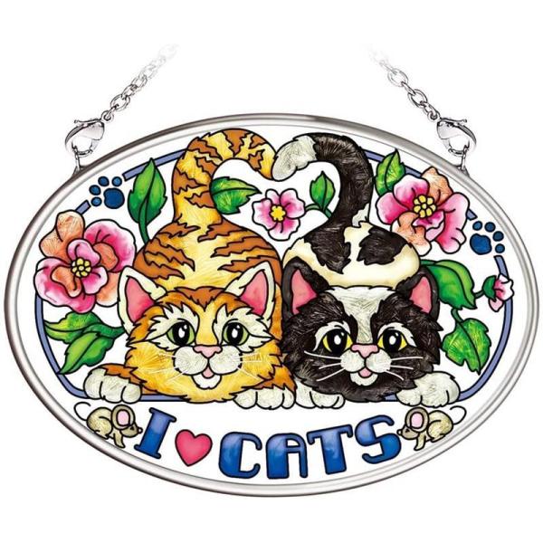 ステンドグラス 吊り型 ネコ ハート I Love Cats サンキャッチャー パネル ボード 飾り ねこ 猫