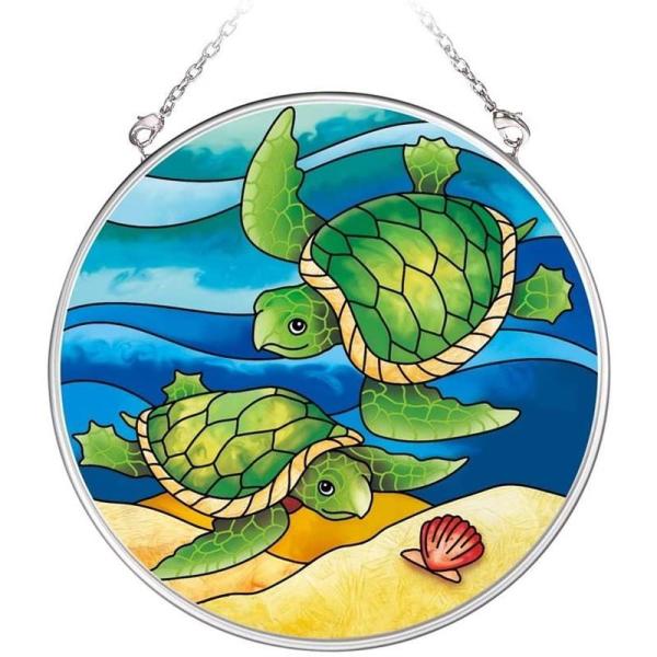 ステンドグラス 吊り型 かめ Turtle Friends カメ 亀 海 海辺 夏 サンキャッチャー パネル ボード 飾り