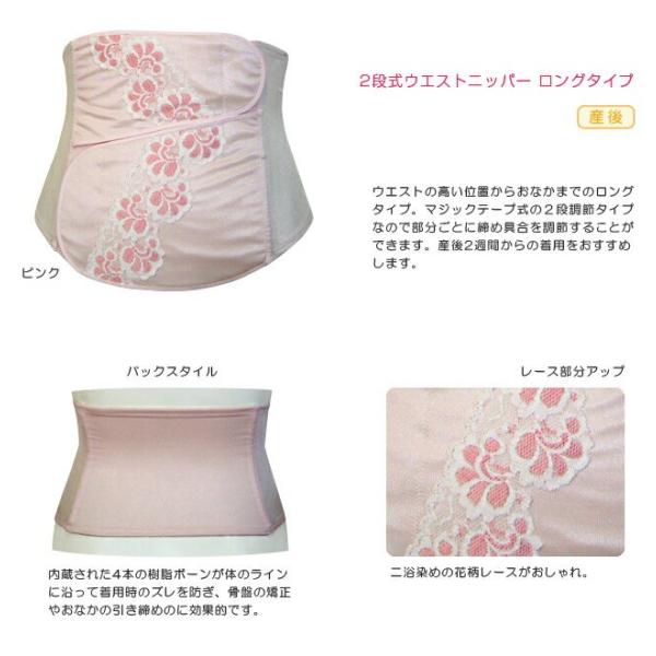 部分ごとに締め具合が調節できる2段式●2点までネコポス可能●【商品名】二浴染め花柄レース2段式ウエストニッパー【サイズ】58/64/70/76/82【カラー】ピンク【素材】ナイロン,ポリウレタン【対応時期】産後用（産後2週間目頃から半年間程...