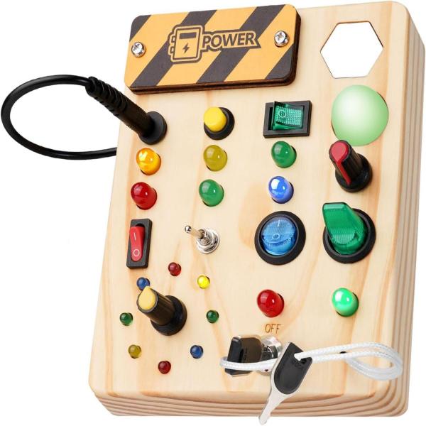 【幼児用モンテッソーリビジーボード】多種類のスイッチとLED電球がセットされ、単4電池2本で動作します（電池は別売り）。複雑なスイッチ操作で、子どもを長時間楽しませます。【教育学習玩具】木製のビジーボードは、器用さや目と手の協調性を高め、細...