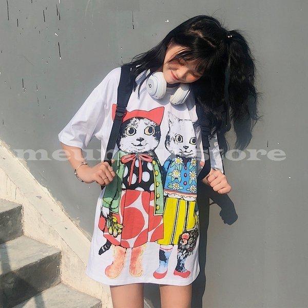 Tシャツ レディース 女性 半袖 カットソー ラウンドネック 長め丈 チュニック イラスト入り 猫 絵本風 かわいい おしゃれ カジュアル 白 Nak0525d ナカマ 通販 Yahoo ショッピング