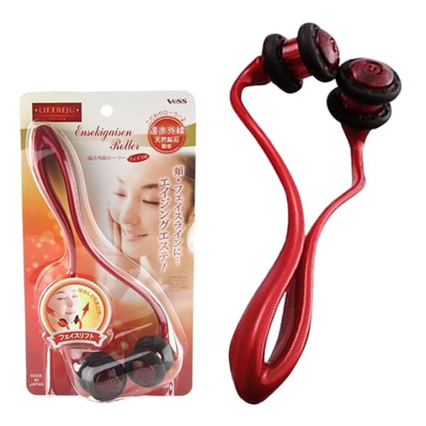 はさんで引き上げ…フェイスリフト♪遠赤外線天然鉱石配合のフェイス用マッサージローラー。●フェイスライン・あご下をシャープに。あご先を２つのローラー（は下向き）の間に入れ、フェイスラインに沿ってゆっくりと押し引きしながらローラーを転がしてくだ...