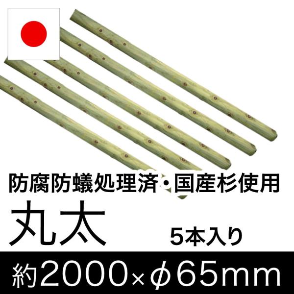 国産 杉 丸太 （防腐防蟻処理済） 約2000mm×φ65mm（5本入り）（植栽
