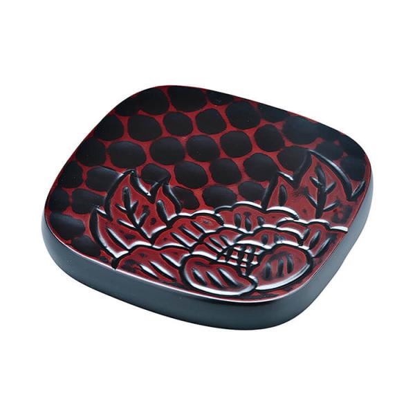 鎌倉彫 4.5 敷台 牡丹彫(漆) 急須台 ボタン彫り 天然木製 漆塗り 会津