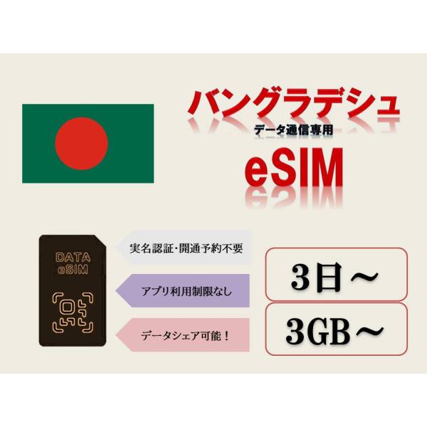 バングラデシュesim esim 実名認証不要 事前開通予約不要 3GB 5GB 10GB 30GB 3日 5日 7日 10日 15日 30日 データ専用esim テザリング可能 海外出張 海外旅行