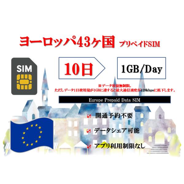 海外SIM プリペイドSIM ヨーロッパ 周遊 43カ国対応 1日1GB利用 10日間 4G LTE データ専用 海外出張 海外旅行 短期渡航  一時帰国 SIMピン付