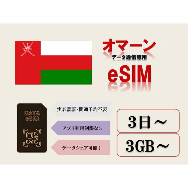 オマーンesim 海外esim 実名認証不要 事前開通予約不要 3GB 5GB 10GB 30GB 3日 5日 7日 10日 15日 30日 データ専用esim テザリング可能 海外出張 海外旅行