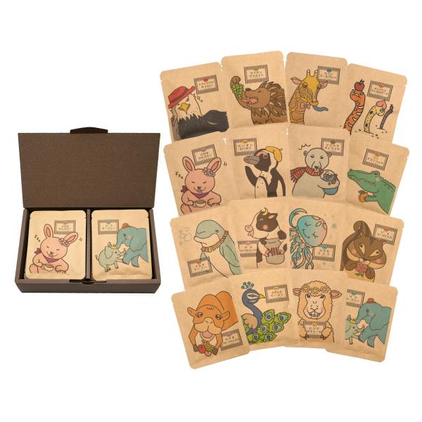 ・ギフト包装済みのため、そのままお渡しいただけます。かわいらしい動物たちが描かれたオリジナル紅茶のギフトセットです。 16種類入っています。・味は全部で16種類、動物の絵柄ごとに違います。 アールグレイ・ルイボス・ジャスミン・セイロン・キャ...