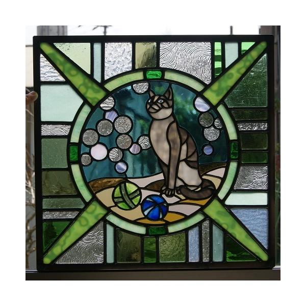 ステンドグラスパネル　　バラとネコ ステンドグラス #パネル #幾何学模様