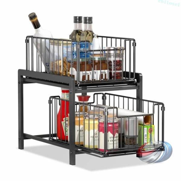 スライドラック キッチン用品 キッチン収納 シンク下収納 調理器具 2段 引き出し付き 大容量 晟恒中馳 洗面所収納スリム 安定性 50KGまで対応 使いやすい