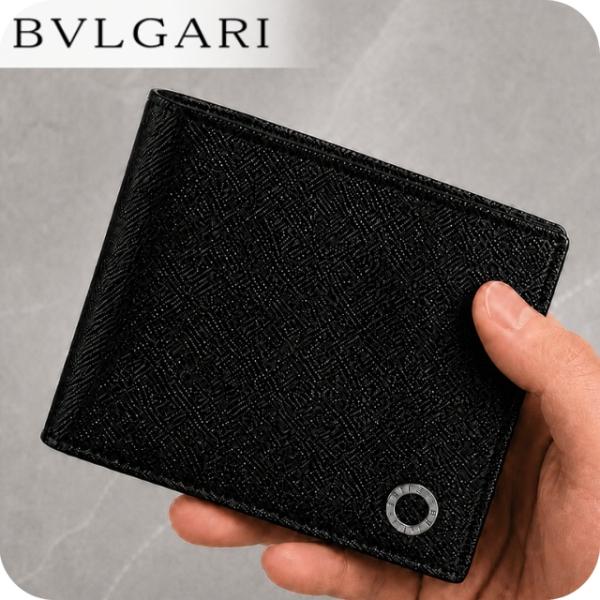 良品✨ブルガリ　二つ折り財布　ロゴ型押し　コンパクトウォレット　レザー　ブラック BVLGARI（ブルガリ） 二つ折り財布 コンパクト メンズ BVLGARI 280287