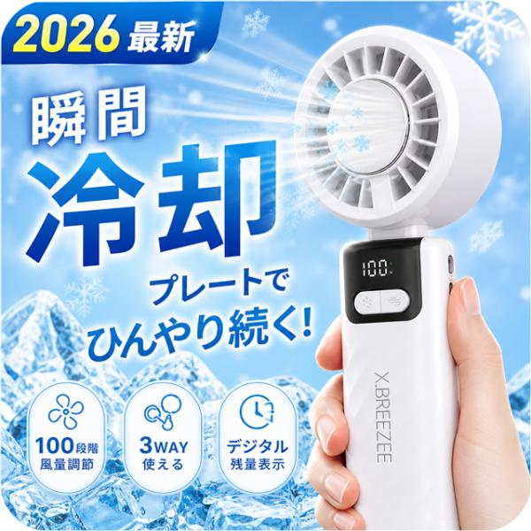 2026最新 ハンディファン 冷却プレート 薄型 スリム 軽量 100段階 強風 静音 3WAY 2400mAh Type-C USB充電 ハンディ扇風機 卓上 首かけ カラビナ HDL-2123