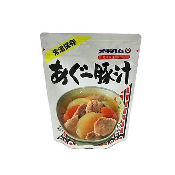オキハムのレトルト琉球料理シリーズ沖縄県産あぐー豚使用！あぐー豚の甘みと旨味がきいた具だくさんの汁に別添の粉末みそを加え、お好みの味に仕上げてお召し上がりいただけます。【召し上がり方】別添の味噌をはずし、袋のままでお湯の中に入れ、５〜６分間...