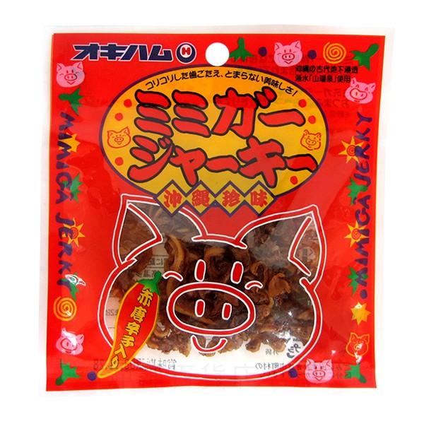 オキハムの珍味ジャーキーシリーズ、ミミガージャーキーです。ビールなど酒のおつまみに最適。■内容量：9g■原材料：豚耳皮肉、醤油、砂糖、酢、唐辛子、蛋白加水分解物、酵母エキス、グリセロール、酸味料、グリシン、酢酸Ｎａ、香料、保存料（ポリリジン...