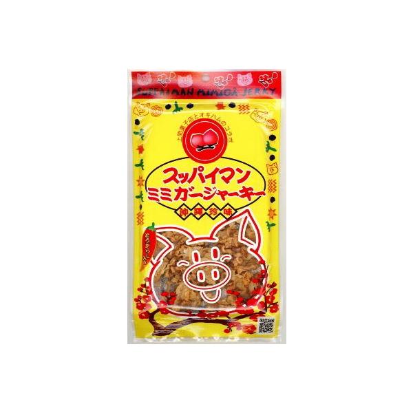沖縄を代表するお土産！上間菓子店の『スッパイマン』とオキハムの『ミミガージャーキー』。そんな二つの商品が合体しました！オキハムのミミガーを使って、上間菓子店のスッパイマン特性梅エキスで味付けした新しい味です。■内容量：25g■原材料：豚耳皮...