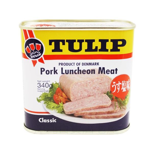 チューリップのポークランチョンミート（うす塩タイプ）沖縄ではスパムよりも人気のポーク缶です。炒め物や味噌汁などいろいろご利用できます。沖縄のお土産にも最適。※パッケージのデザインは変わる場合があります。■内容量：340g■原材料：豚肉、でん...