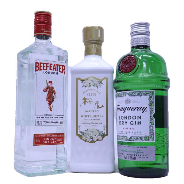 楽しく飲めるジン3種3本セット 桜尾ホワイトハーブジン47度700ｍｌ、タンカレージン47.3度750ｍｌ、ビフィータージン40度700ｍｌ