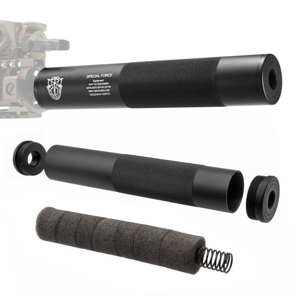 【 FMA 製】 14mm 逆ネジ/正ネジ 両対応 アルミサイレンサー ロング 全長198mm 直径 35mm SPECIAL FORCE 刻印入り アルマイト仕上げ BK ブラック
