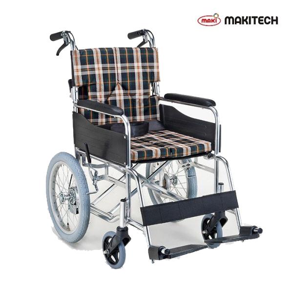 J022★メーカー不明★タータンチェック柄★介助用折りたたみ車いす マキテック 車いす 標準 介助式 背折れタイプ 座面幅40cm 非課税