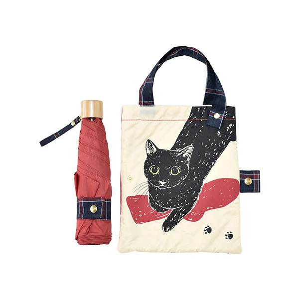 MKN 55cm耐風楽ミニ傘 吸水トートバッグ袋付 黒猫 レッド 取り寄せ商品