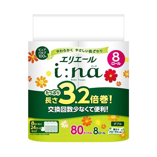 他サイト： i:naトイレットティシュー3.2倍巻 W 芯有80m 華やぐフローラル 1パック(8ロール) 目安在庫=○の商品画像