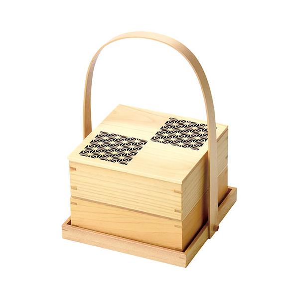 用美 業務用 ひのき細密・手提付正角2段料理箱 麻の葉 取り寄せ商品