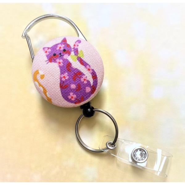 リール式キーホルダー ねこ 38mmくるみボタン キーリール クリップ式 