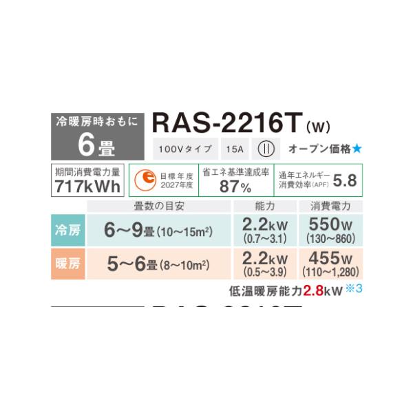 ���� 6���p �G�A�R�� RAS-2216T-W TOSHIBA 2026�N���f�� ���[���G�A�R�� 2.2kw ���i�摜1