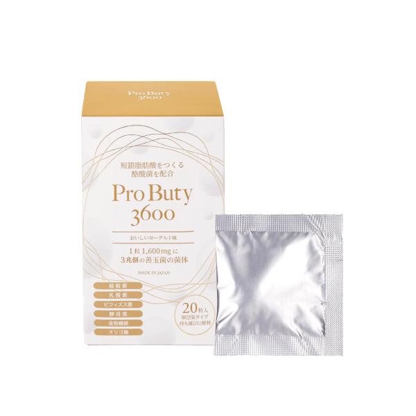 ３兆もの善玉菌と乳酸菌ビフィズス菌、酵母発酵オリジナル生産物質を有する「BB3600株菌末(複合乳酸菌酵母発酵生産物質)」に、“短鎖脂肪酸”をつくる酪酸菌ABP末を配合した乳酸菌タブレット。商品情報ProButy3600【容量】32g〈1粒...