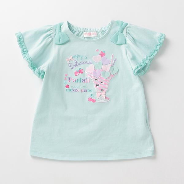 mezzo piano メゾピアノ(mezzo piano)パフェ刺しゅう肩リボンTシャツ