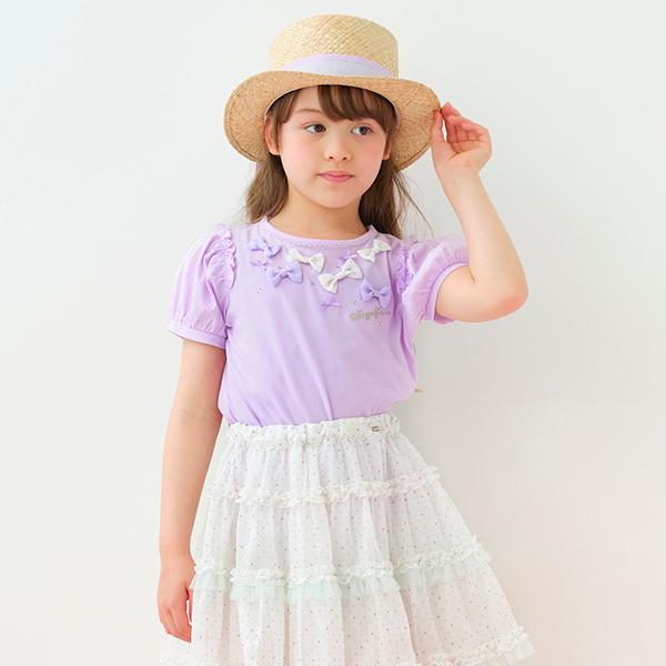 【新品/メゾピアノ】130cmリボンモチーフ　パフスリーブＴシャツ 新品/メゾピアノ】130cmリボンモチーフ パフスリーブTシャツ