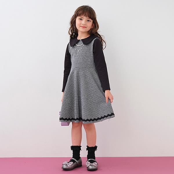 メゾピアノ　110サイズ　衿つきチェックドッキングワンピース　ネックレスつき mezzo piano メゾピアノ(mezzo piano)衿つきチェックドッキング