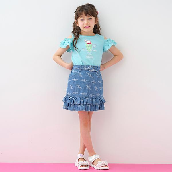 mezzo piano メゾピアノ(mezzo piano)ロゴプリントデニム 裾フリル