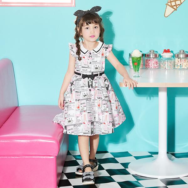 メゾピアノ(mezzo piano)リボンベルトつき ダイナー柄ワンピース【O_50  