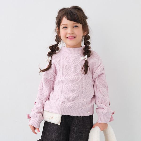 mezzo piano メゾピアノ(mezzo piano)レースアップ袖 モールニットプル