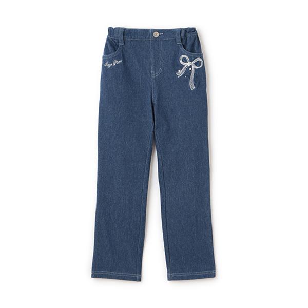 mezzo piano メゾピアノ(mezzo piano)リボン刺しゅう カットデニム