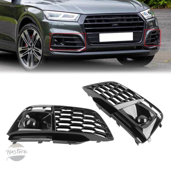 並行輸入品 アウディ Q5 SQ5 2018 2019 2020 スポーツモデル専用 フロントバンパー ハニカムグリル フォグランプグリルカバー 光沢ブラック 