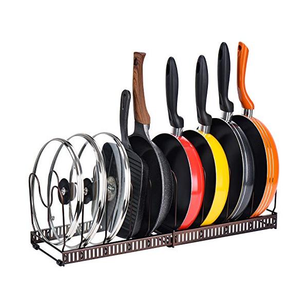 他サイト： Toplife伸縮式 フライパンラック キッチン収納ラック 10本仕切りパーツ付き 鍋スタンド フライパン 鍋 蓋置き（ブラウン）の商品画像