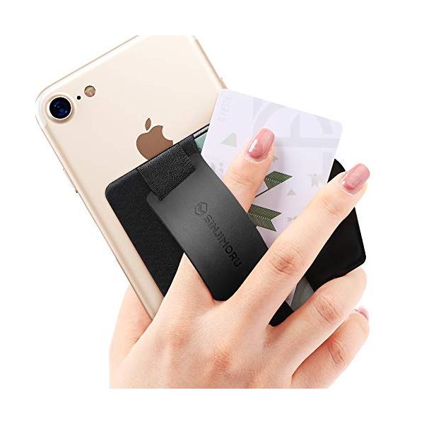 [Sinjimoru] スマホスタンド カード入れ、落下防止 ハンドストラップ付き レザー手帳型ホルダー ブラック