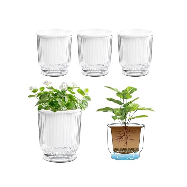 T4U 12CM 給水プランター 植木鉢 プラスチック 4個セット 観葉植物 鉢 おしゃれ 底面給水鉢 給水紐付き 室外 室内 鉢植え ハーブ