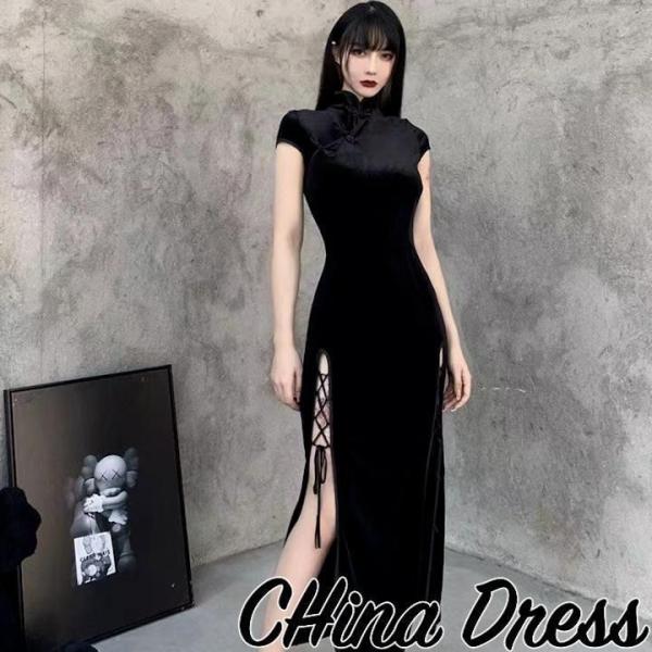 チャイナドレス 黒 ロング チャイナ服 衣装 仮装 コスプレ ハロウィン 厚手 S M L XL サイズ展開 レディース パーティー イベント 舞台衣装