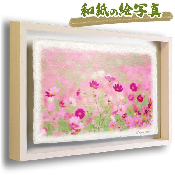 玄関 インテリア 北欧 絵 おしゃれ 風水 絵画 和紙 アートフレーム 額縁付き ピンク 秋 花 「霧の中のコスモス畑の赤い花」