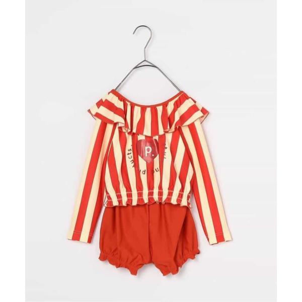 長袖デザインでラッシュガードがなくてもOKな女の子のスイムウェア！大きめフリルやハートのp.premierのロゴがキュート。ビーチのパラソルをイメージしたストライプ柄です。ボトムはハイウエストでギャザーを寄せたブルマ風デザイン。トップスはお...