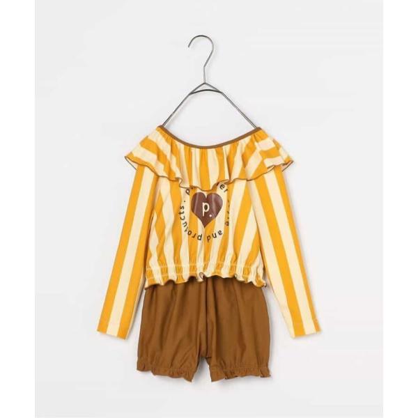 長袖デザインでラッシュガードがなくてもOKな女の子のスイムウェア！大きめフリルやハートのp.premierのロゴがキュート。ビーチのパラソルをイメージしたストライプ柄です。ボトムはハイウエストでギャザーを寄せたブルマ風デザイン。トップスはお...