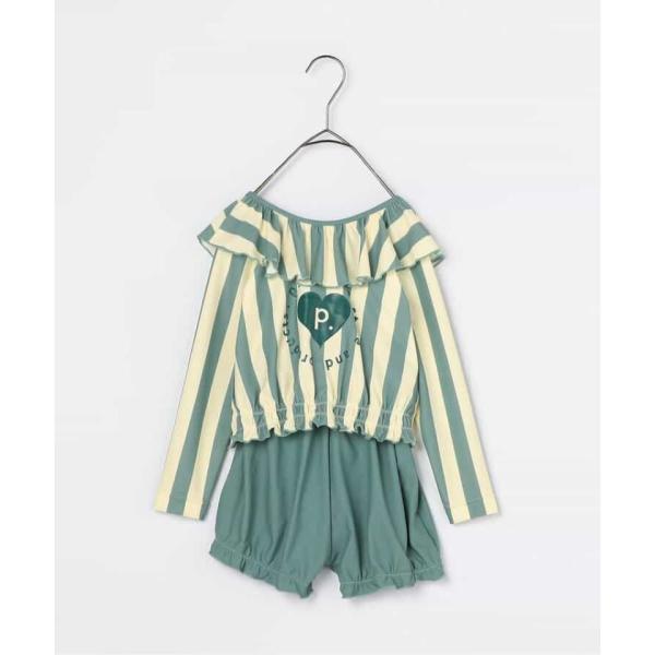 長袖デザインでラッシュガードがなくてもOKな女の子のスイムウェア！大きめフリルやハートのp.premierのロゴがキュート。ビーチのパラソルをイメージしたストライプ柄です。ボトムはハイウエストでギャザーを寄せたブルマ風デザイン。トップスはお...