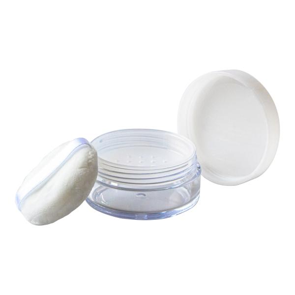 フェイスパウダー・ルースパウダーに最適な容器です。 穴あき中栓と専用のパフが付属しています。 容器を軽く振り、中栓に適量のパウダーを出して使用するタイプです。 弊社製品シルクパウダーなどにおすすめです。[ パウダーケース ルースパウダー フ...